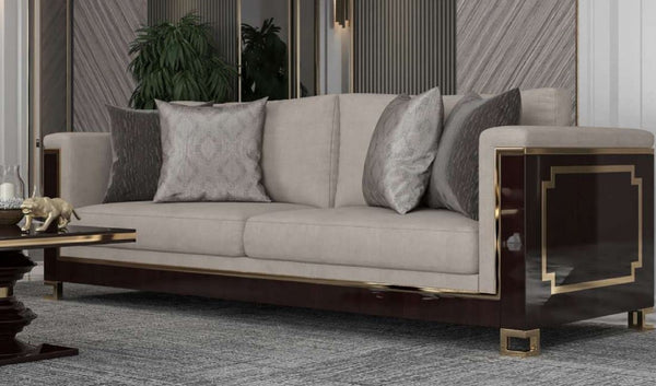 Casa Padrino sofá Art Deco de lujo gris claro / marrón oscuro brillante / oro - Sofá de salón de madera maciza hecho a mano con tela de terciopelo noble - Calidad de Lujo - Muebles Art Deco