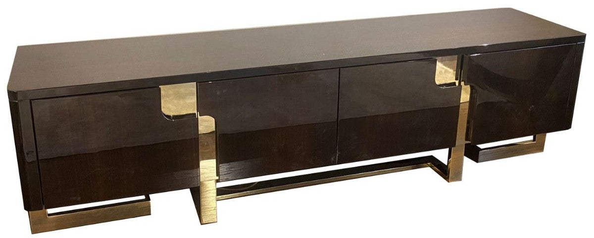 Casa Padrino Luxus Art Deco TV Schrank Dunkelbraun / Gold 220 x 50 x H. 60 cm - Edler Fernsehschrank mit 4 Türen - Art Deco Wohnzimmer Möbel