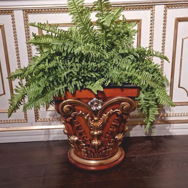Casa Padrino pot de fleurs baroque de luxe marron / or / argent H. 45 cm - Fabriqué en Italie