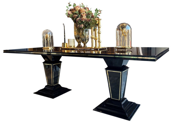 Casa Padrino table de salle à manger Art Déco de luxe brun foncé / noir / or 220 x 110 x H. 76 cm - Table de salle à manger noble avec plateau en verre - Mobilier de salle à manger Art Déco