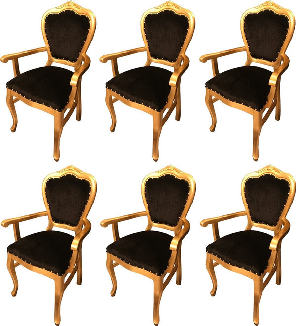Casa Padrino Luxury Baroque Dining Set Black / Gold 60 x 47 x H. 99 cm - 6 Handmade Dining Chairs with Armrests - Baroque Dining Room Furniture