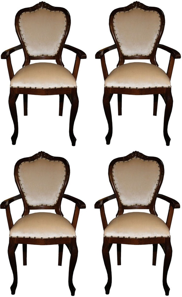 Casa Padrino Set di Sala da Pranzo Barocco di Lusso Crema / Marrone 60 x 47 x H. 99 cm - 4 Sedie da Pranzo con Braccioli Fatte a Mano - Mobili da Sala Barocchi