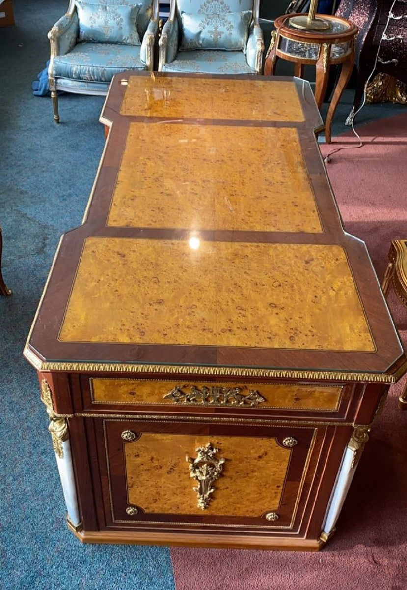 Casa Padrino Barock Schreibtisch Hellbraun / Braun / Messing / Weiß