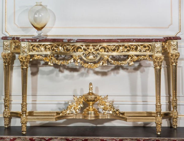 Casa Padrino console baroque de luxe or / rouge 200 x 48 x H. 93 cm - Magnifique table console sculptée à la main avec plateau en marbre - Mobilier Hotel Restaurant Castle - Qualité de Luxe