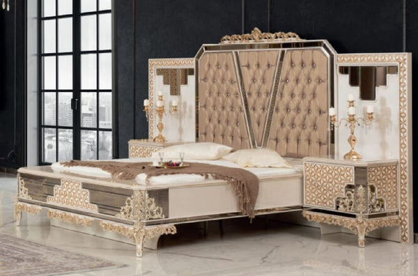 Casa Padrino luxury baroque bedroom set white / gold - 1 Double Bed with Headboard & 2 Bedside Tables - Bedroom furniture in baroque style - Noble & Magnificent