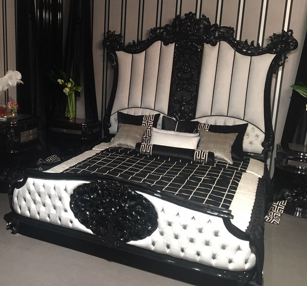 Casa Padrino luxury baroque bedroom set white / black / gray - 1 Double Bed with Headboard & 2 Bedside Tables - High quality bedroom furniture in baroque style - Noble & Magnificent