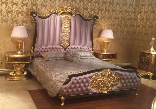 Casa Padrino luxury baroque bedroom set pink / dark brown / gold - 1 Double Bed with Headboard & 2 Bedside Tables - High quality bedroom furniture in baroque style - Noble & Magnificent