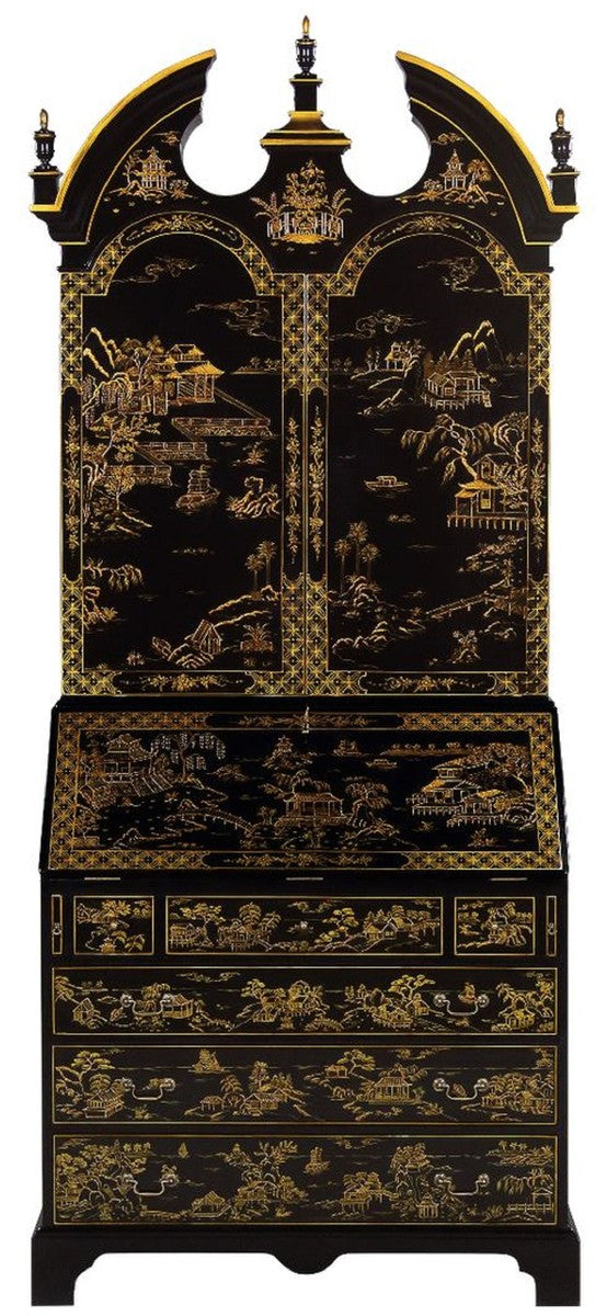 Casa Padrino luxury baroque desk cabinet in chinese style black / gold 104 x 58 x H. 238 cm - Magnificent solid wood office cabinet - Noble baroque office furniture