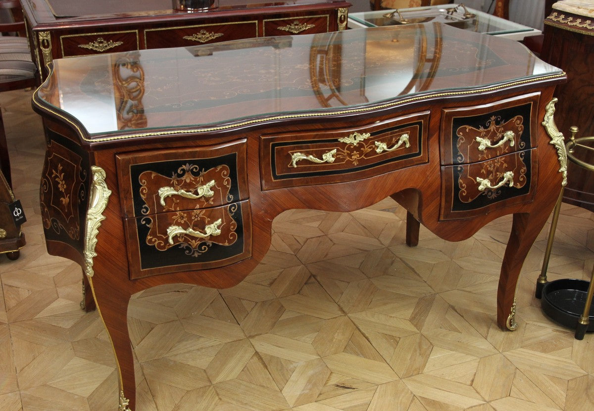 Casa Padrino Barock Sekretär Braun Intarsien 140 x 68 x H83 mit abnehmbarer Glasplatte und goldenen Beschlägen