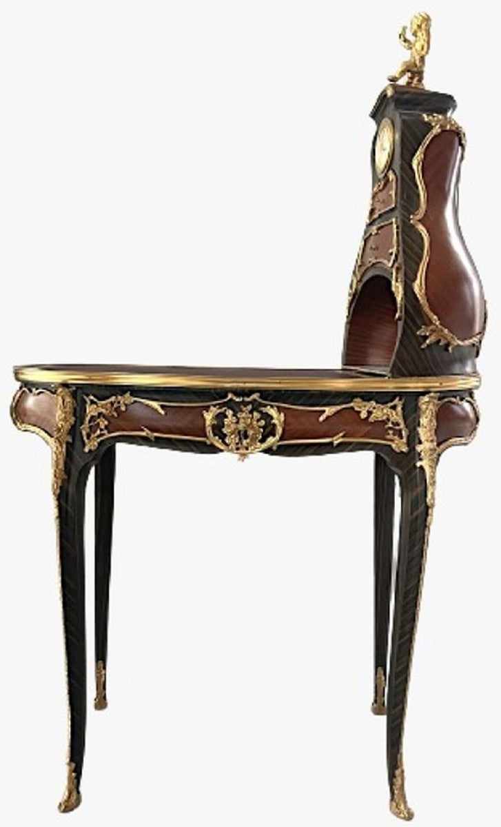 Casa Padrino Barock Sekretär mit Uhr Braun / Gold - Prunkvoller Schreibtisch im Barockstil - Barock Büromöbel - Barockstil Büro Möbel - Barockstil Möbel - Barock Möbel - Barock Einrichtung