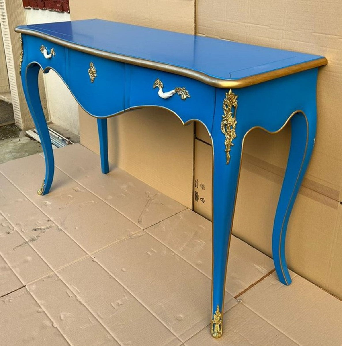 Casa Padrino Barock Sekretär mit 3 Schubladen Blau / Gold - Handgefertigter Massivholz Schreibtisch im Barockstil - Barock Büro Möbel