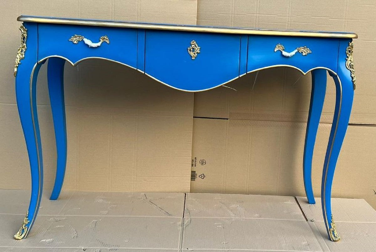 Casa Padrino Barock Sekretär mit 3 Schubladen Blau / Gold - Handgefertigter Massivholz Schreibtisch im Barockstil - Barock Büro Möbel