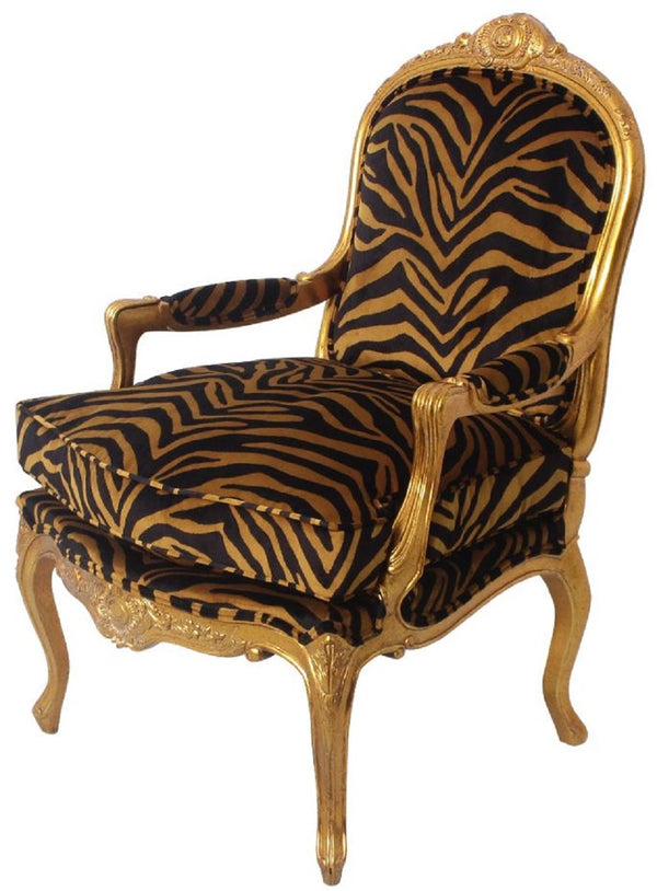 Casa Padrino luxury baroque armchair gold / black / gold 69 x 77 x H. 108 cm - Noble mahogany living room armchair with elegant tiger pattern - Baroque Furniture