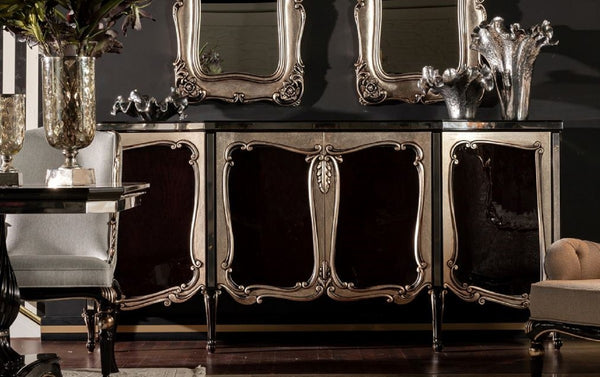 Casa Padrino buffet baroque de luxe noir / argent - Élégant armoire en bois massif avec 4 portes - Mobilier Baroque
