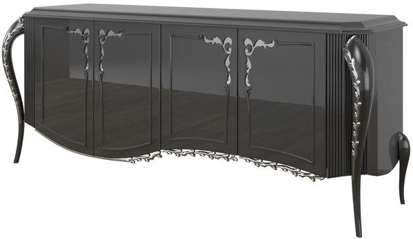 Casa Padrino buffet baroque de luxe noir / argent 218 x 56 x H. 94 cm - Armoire de salon noble avec 4 portes - Meubles Baroques