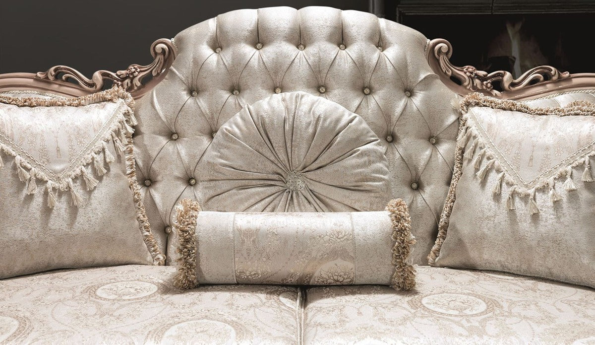 Casa Padrino Luxus Barock Sofa mit Glitzersteinen und dekorativen Kissen Silber / Creme / Beige 230 x 90 x H. 110 cm - Prunkvolles Wohnzimmer Sofa