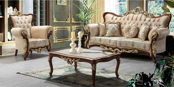 Casa Padrino luxury baroque living room set beige / brown / gold - 1 Baroque Sofa with Pattern & 2 Baroque Armchairs with Pattern & 1 Baroque Coffee Table - Baroque living room furniture