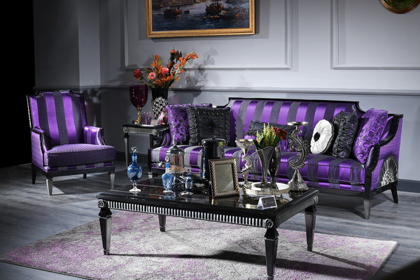 Casa Padrino ensemble de salle de séjour baroque de luxe pourpre / noir / argent - 1 Canapé & 1 Fauteuil & 1 Table Basse & 1 Table d'Appoint - Meubles Baroques