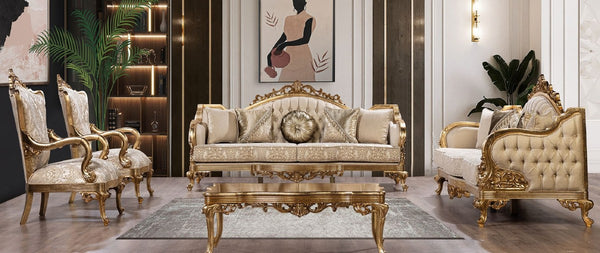 Casa Padrino conjunto de sala de estar barroco de lujo oro / oro antiguo - 2 Sofás Barrocos y 2 Sillones Barrocos y 1 Mesa de Centro Barroco - Muebles de salón barroco - Noble y Magnífico