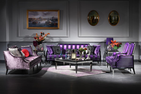 Casa Padrino ensemble de salle de séjour baroque de luxe pourpre / noir / argent - 2 Canapés & 2 Fauteuils & 1 Table Basse & 2 Tables d'Appoint - Meubles Baroques