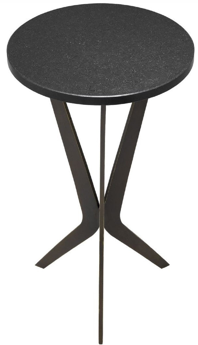 Casa Padrino Luxus Beistelltisch Schwarz / Bronzefarben Ø 30,5 x H. 52 cm - Runder Tisch mit Granitplatte und Metall Beinen - Wohnzimmer Möbel - Luxus Möbel