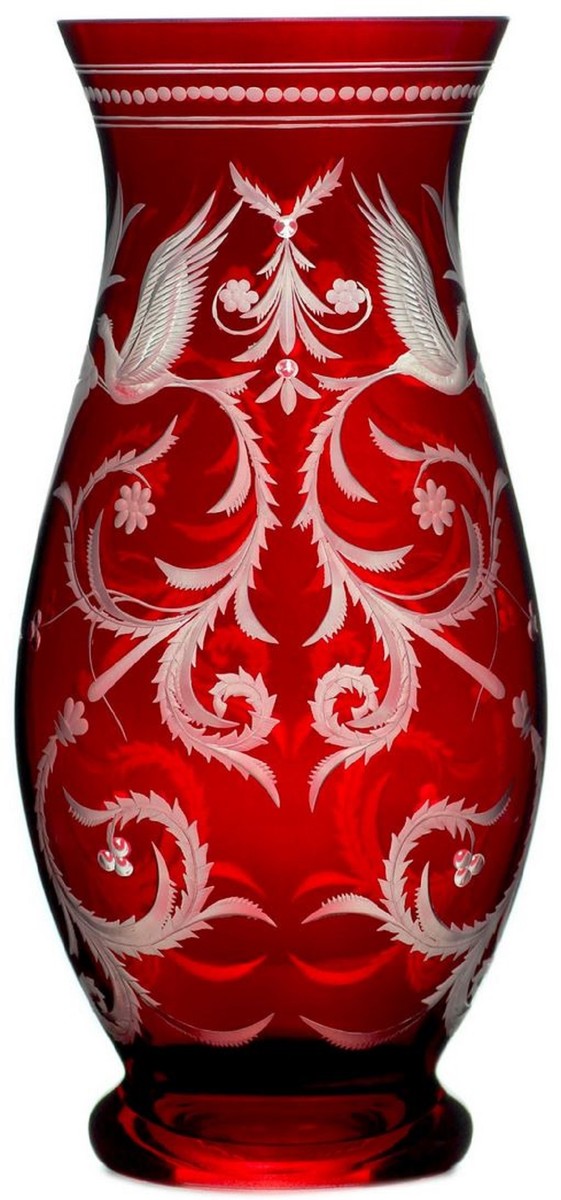 Casa Padrino Luxus Deko Glas Vase Rot / Silber Ø 14 x H. 30 cm - Handgefertigte und handgravierte Blumenvase - Hotel & Restaurant Accessoires - Luxus Qualität