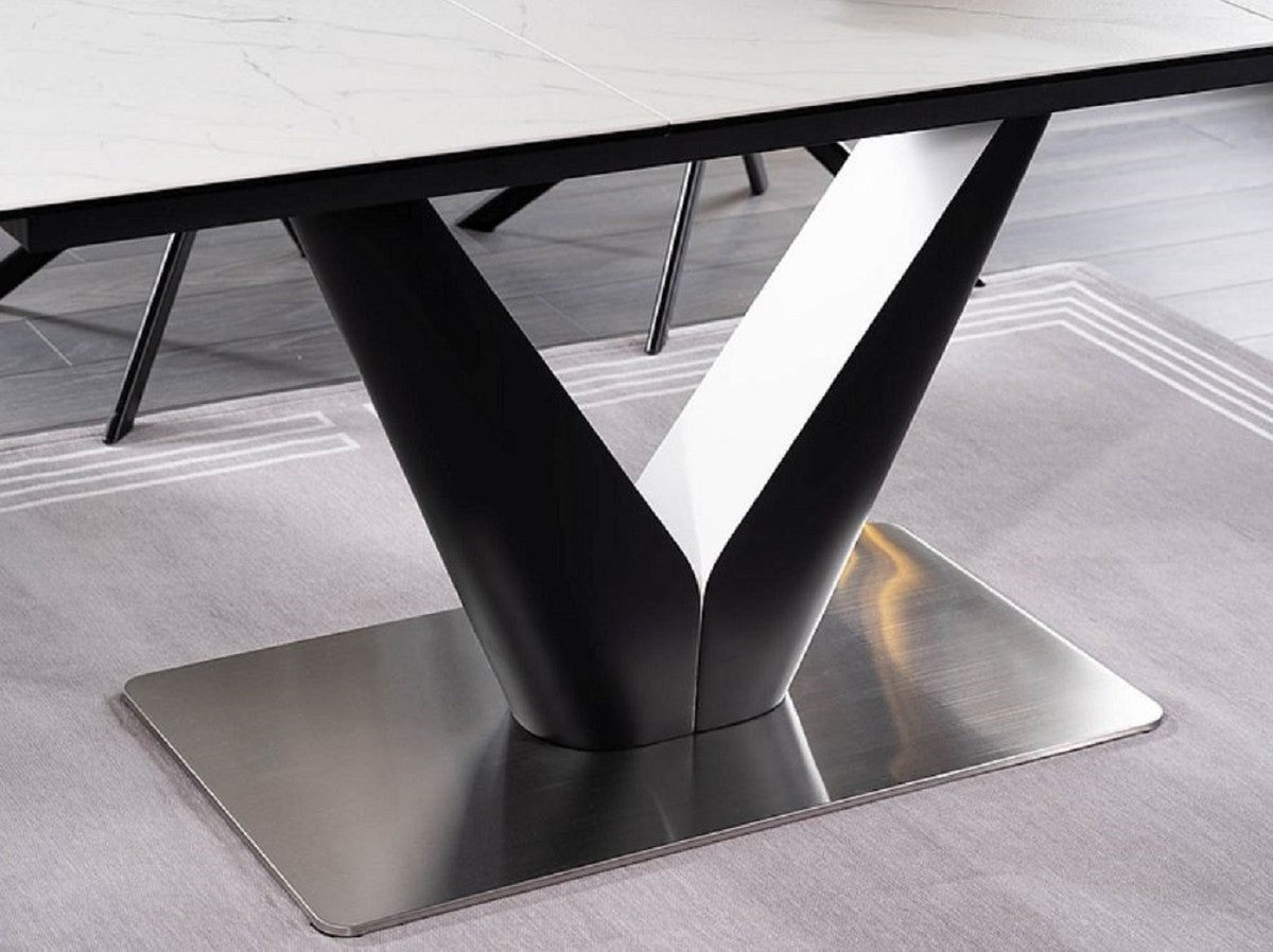 Casa Padrino Luxus Esstisch mit gehärteter Glaskeramik Tischplatte in Marmoroptik Weiß / Matt Schwarz / Silber 160-220 x 90 x H. 76 cm - Ausziehbarer Küchentisch - Esszimmer Möbel - Luxus Möbel