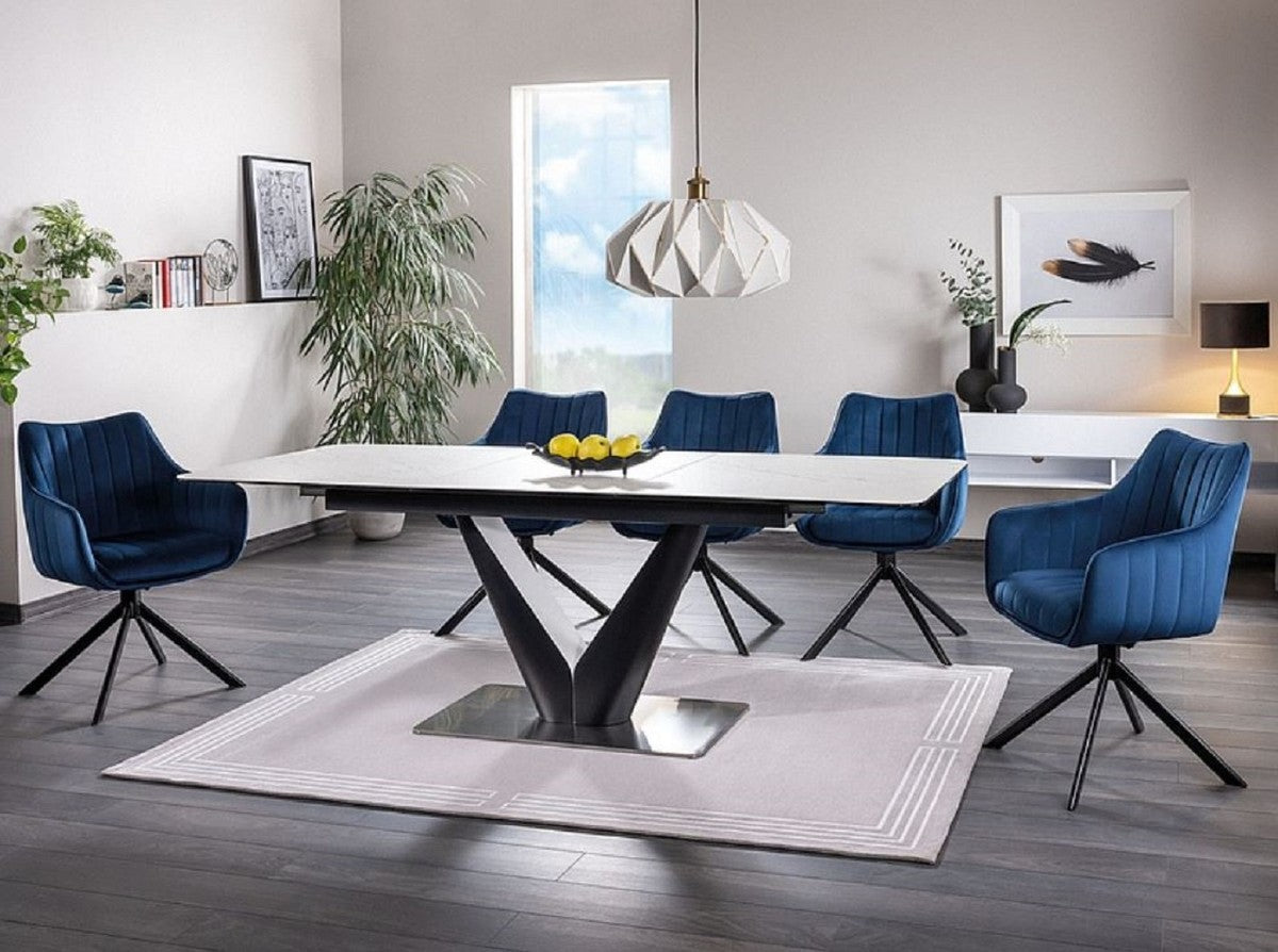 Casa Padrino Luxus Esstisch mit gehärteter Glaskeramik Tischplatte in Marmoroptik Weiß / Matt Schwarz / Silber 160-220 x 90 x H. 76 cm - Ausziehbarer Küchentisch - Esszimmer Möbel - Luxus Möbel