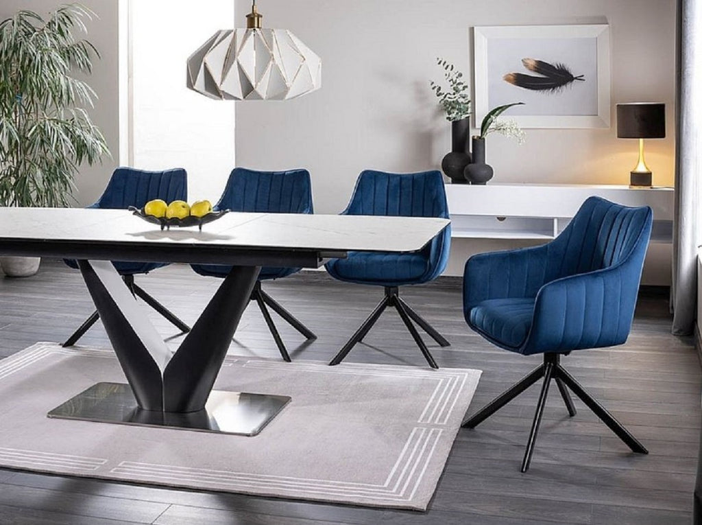 Casa Padrino Luxus Esstisch mit gehärteter Glaskeramik Tischplatte in Marmoroptik Weiß / Matt Schwarz / Silber 160-220 x 90 x H. 76 cm - Ausziehbarer Küchentisch - Esszimmer Möbel - Luxus Möbel