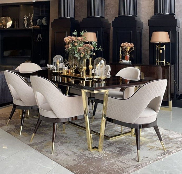 Casa Padrino Ensemble de 8 Chaises de Salle à Manger Art Déco de Luxe Beige / Marron Foncé / Or 58 x 65 x H. 90 cm - Mobilier de Salle à Manger & Restaurant Art Déco - Qualité de Luxe