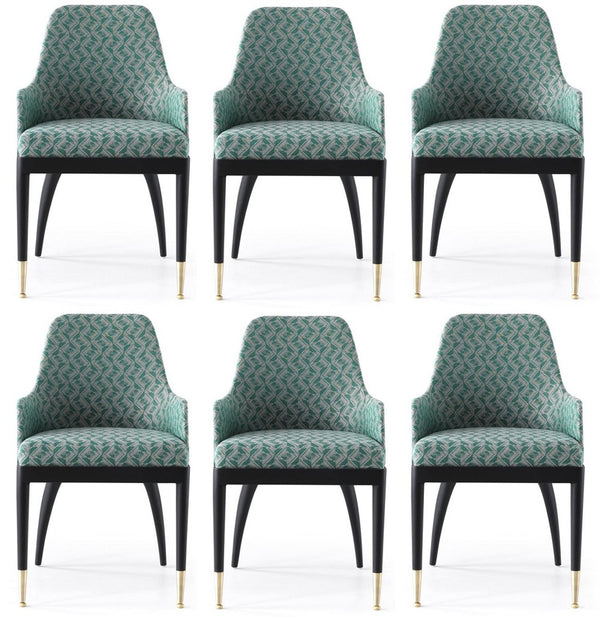 Casa Padrino Luxus Esszimmerstuhl 6er Set mit Armlehnen Grün Muster / Schwarz / Messing 55 x 59 x H. 88 cm - Esszimmer Möbel - Restaurant Möbel - Esszimmer Einrichtung - Luxus Möbel