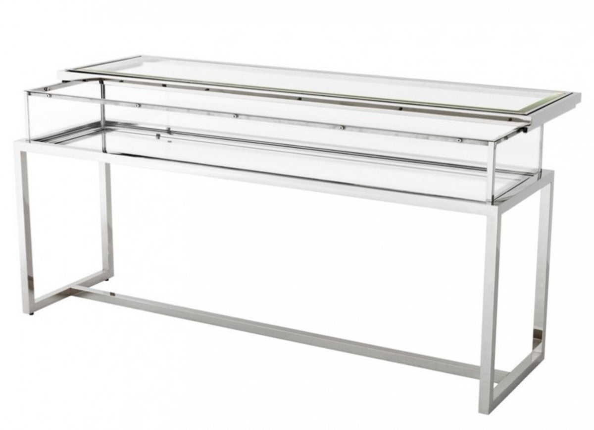 Casa Padrino Luxus Glas Vitrine Edelstahl Poliert Silber B 160 x T 45 x H 77 cm - Art Deco Konsole und Ladeneinrichtung