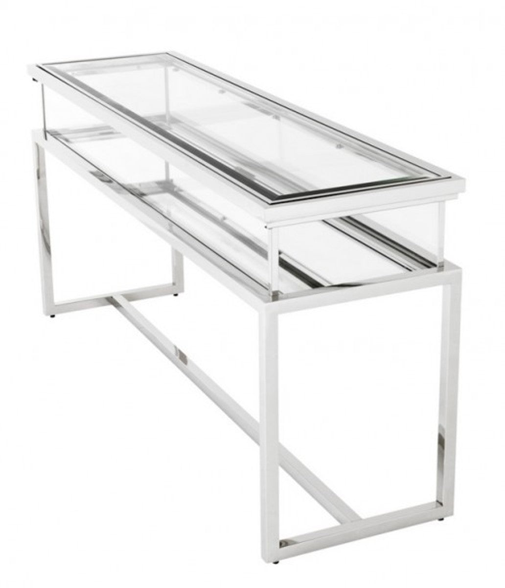 Casa Padrino Luxus Glas Vitrine Edelstahl Poliert Silber B 160 x T 45 x H 77 cm - Art Deco Konsole und Ladeneinrichtung