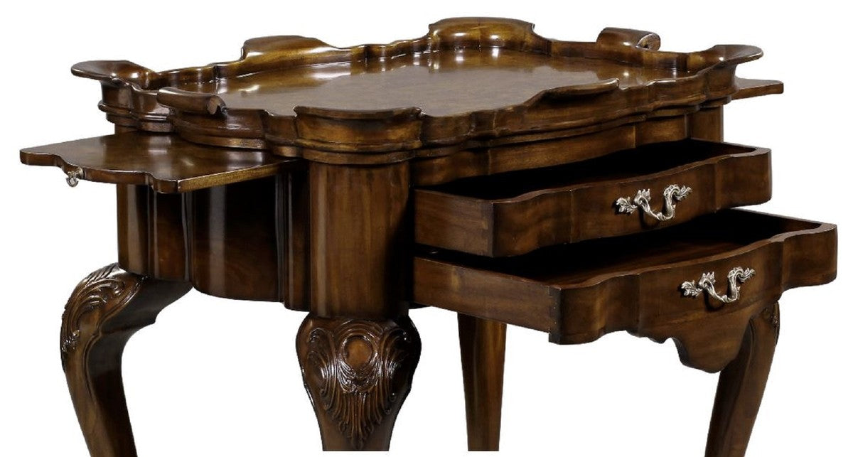 Casa Padrino Luxus Barock Beistelltisch mit 2 Schubladen und abnehmbarem Tablett Braun 82 x 62 x H. 80 cm - Eleganter Mahagoni Teetisch - Barock Wohnzimmer Möbel - Luxus Qualität