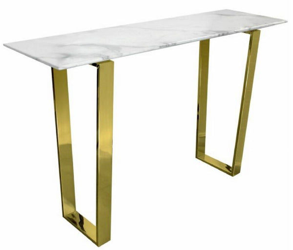Casa Padrino Luxus Konsole Weiß / Gold 122 x 36 x H. 76 cm - Moderner Konsolentisch mit synthetischer Marmorplatte und Stahlbeinen - Wohnzimmer Möbel