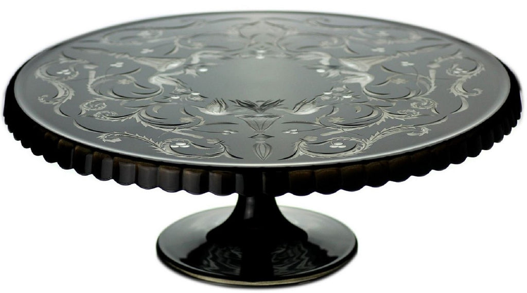 Casa Padrino Luxus Kuchenteller Schwarz / Silber Ø 32 x H. 12 cm - Handgefertigte und handgravierte Glas Kuchenplatte - Hotel & Restaurant Accessoires - Luxus Qualität
