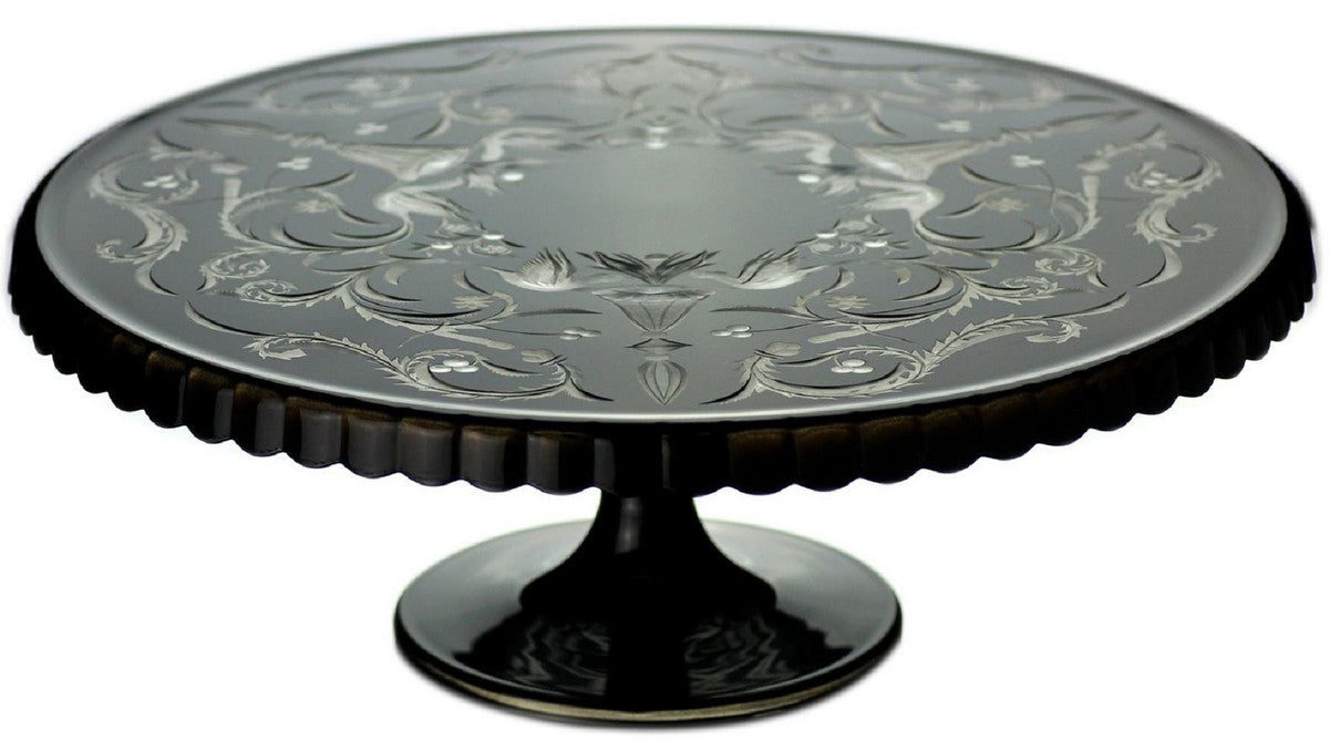 Casa Padrino Luxus Kuchenteller Schwarz / Silber Ø 32 x H. 12 cm - Handgefertigte und handgravierte Glas Kuchenplatte - Hotel & Restaurant Accessoires - Luxus Qualität