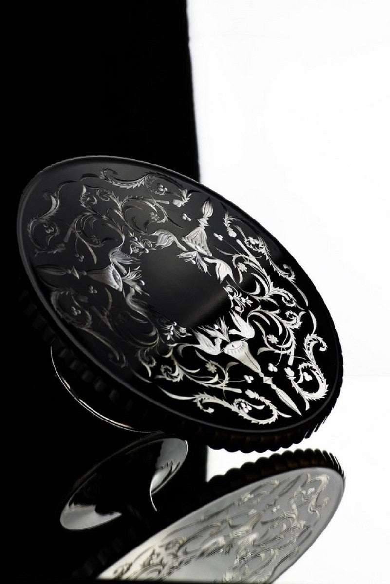 Casa Padrino Luxus Kuchenteller Schwarz / Silber Ø 32 x H. 12 cm - Handgefertigte und handgravierte Glas Kuchenplatte - Hotel & Restaurant Accessoires - Luxus Qualität