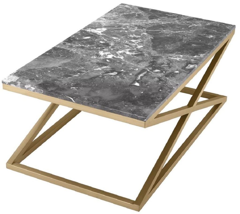 Casa Padrino Luxus Couchtisch Messing / Grau 120 x 70 x H. 47 cm - Rechteckiger Edelstahl Wohnzimmertisch mit Marmorplatte - Wohnzimmer Möbel - Luxus Möbel - Luxus Wohnzimmer Einrichtung