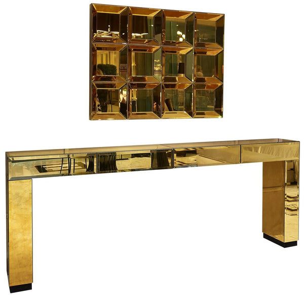Casa Padrino ensemble de meubles design de luxe or - 1 Console en miroir avec 4 tiroirs et 1 miroir mural - Meubles d'Hôtel - Qualité de Luxe - Fabriqué en Italie