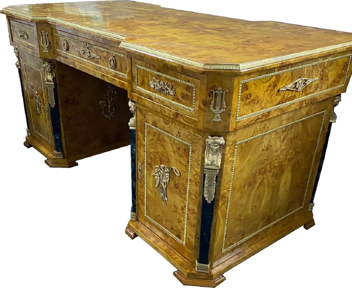 Casa Padrino Barock Massivholz Schreibtisch Naturfarben / Schwarz / Messing