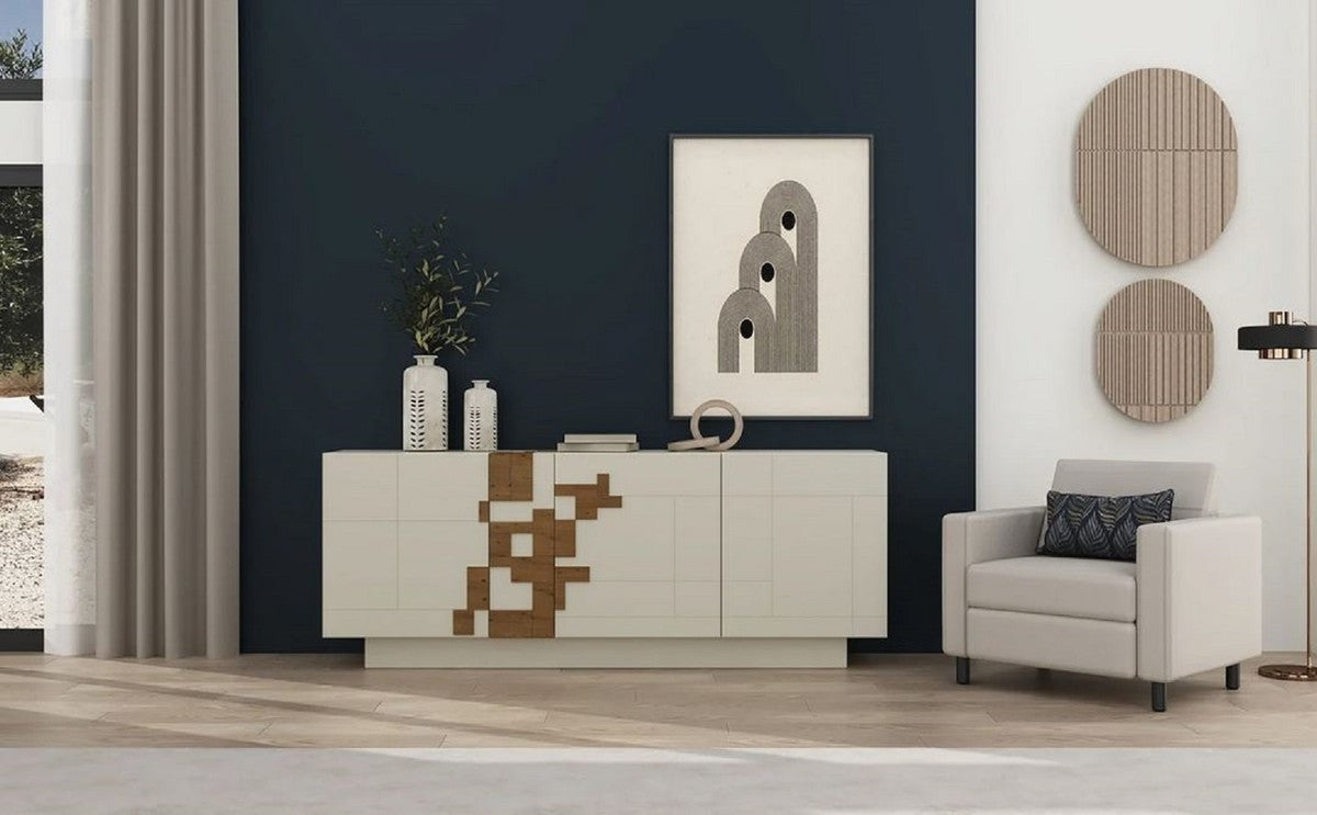 Casa Padrino Luxus Sideboard Creme / Braun 220 x 50,8 x H. 85 cm - Massivholz Schrank mit 4 Türen - Massivholz Möbel - Luxus Möbel - Luxus Einrichtung