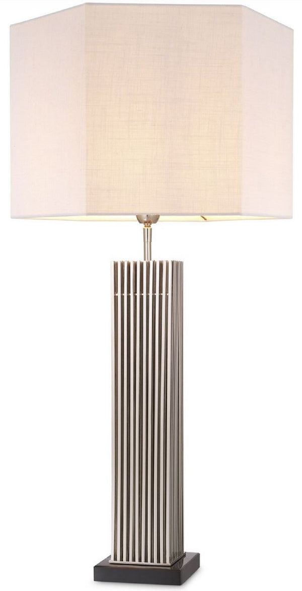 Casa Padrino lampada da tavolo di lusso argento / nero / bianco 46 x 46 x A. 87 cm - Lampada da scrivania moderna con paralume esagonale - Qualità di Lusso
