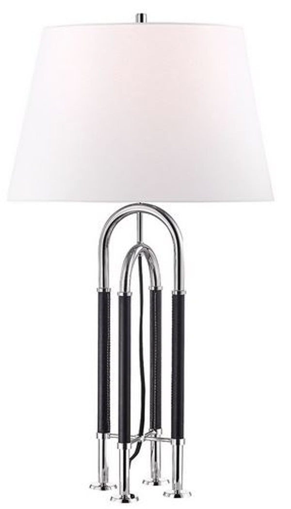 Casa Padrino lampada da tavolo di lusso argento / nero / bianco Ø 40,6 x H. 73,7 cm - Lampada in Metallo Nobile con Pelle e Paralume in Lino di Alta Qualità - Qualità di Lusso