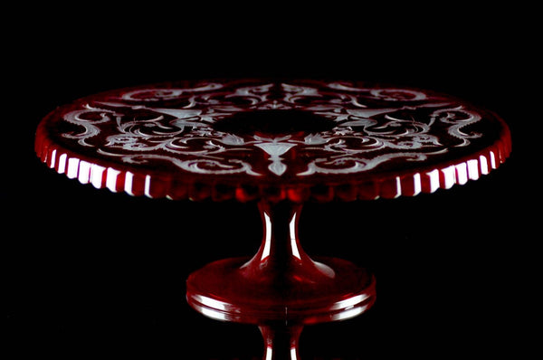 Casa Padrino plato de pastel de lujo rojo / plata Ø 32 x A. 12 cm - Plato de pastel de vidrio grabado a mano y hecho a mano - Accesorios para Hoteles y Restaurantes - Calidad de Lujo