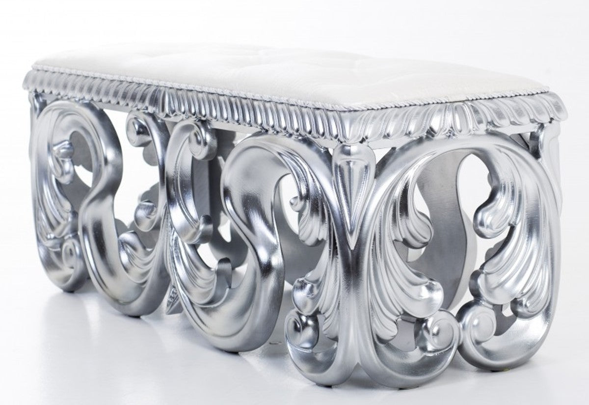 Casa Padrino Barock Luxus Sitzbank Lafayette aus massivem Eichenholz in Silber und Creme, 120 x 50 x 55 cm