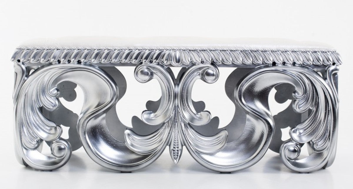 Casa Padrino Barock Luxus Sitzbank Lafayette aus massivem Eichenholz in Silber und Creme, 120 x 50 x 55 cm