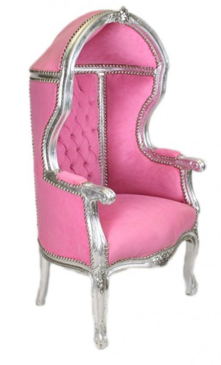 Casa Padrino Barock Kinder Thron Sessel Rosa / Silber - Ballon Sessel, Breite 55 cm, Tiefe 50 cm, Höhe 110 cm