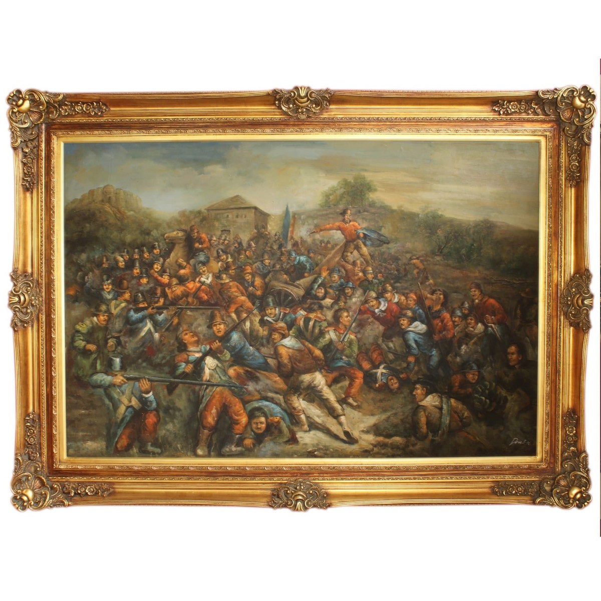 Riesiges Handgemaltes Barock Öl Gemälde Krieg Gold Prunk Rahmen 225 x 165 x 10 cm - Massives Material