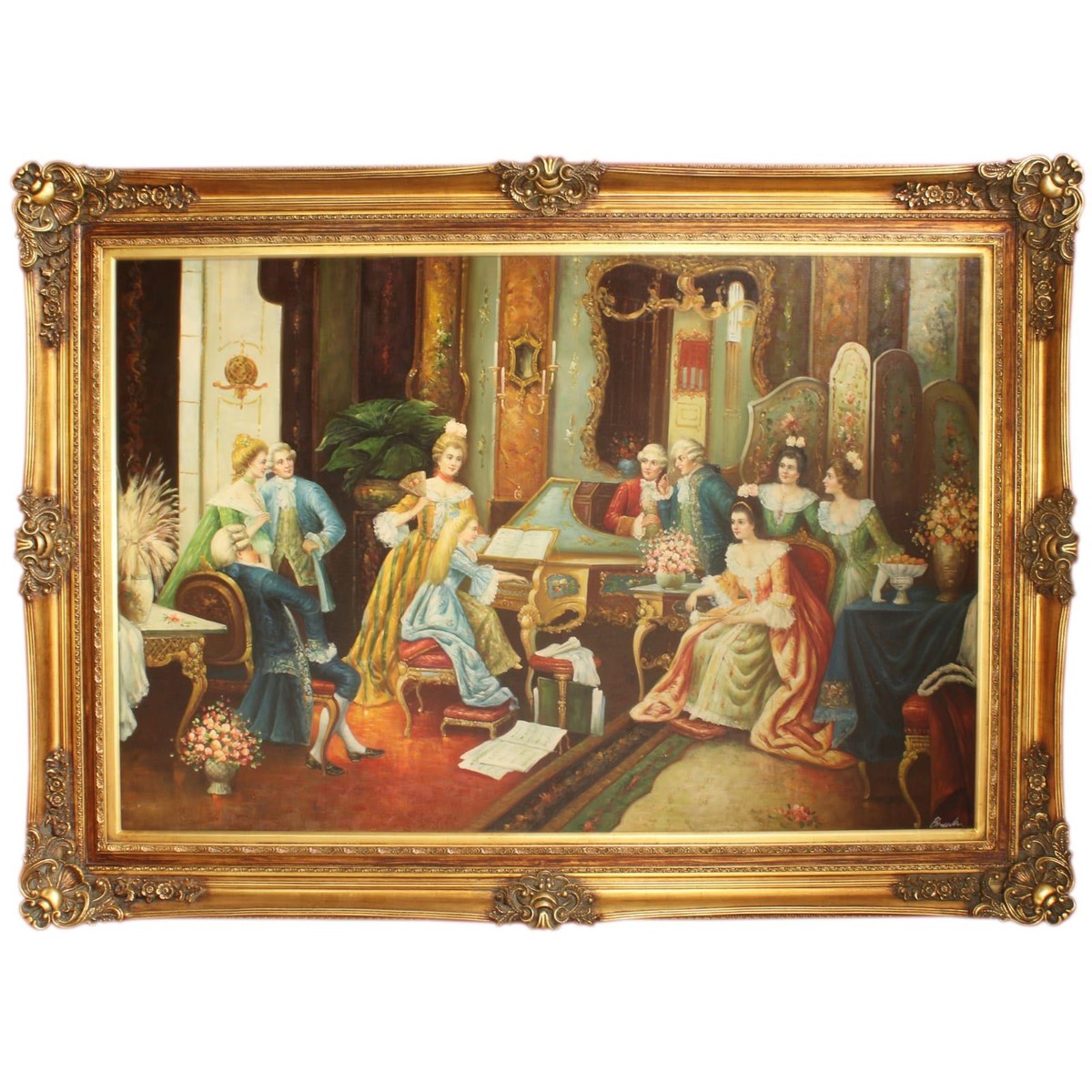 Riesiges Handgemaltes Barock Öl Gemälde Gesellschaft Gold Prunk Rahmen 225 x 165 x 10 cm - Massives Material